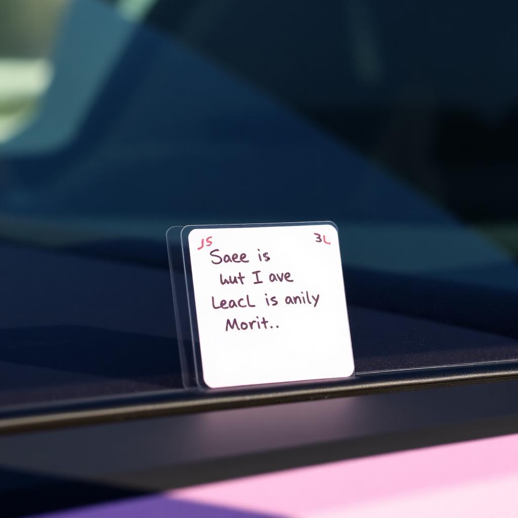 Frosted-glass dashboard card leaning against a car windshield